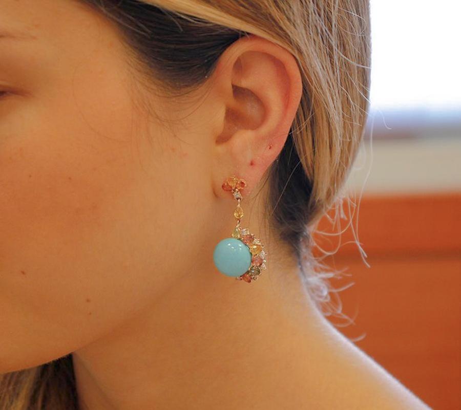 Diamonds, Colored Sapphires, Turquoise, Rose Gold Dangle Earrings In Good Condition In Marcianise, Marcianise (CE)