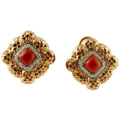 Diamanten, Koralle, 14 Karat Weiß- und Rotgold Clip-On Retrò-Ohrringe