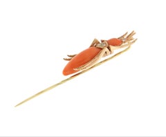 Diamonds Coral 14 Karat Yellow Gold Insect Brooch