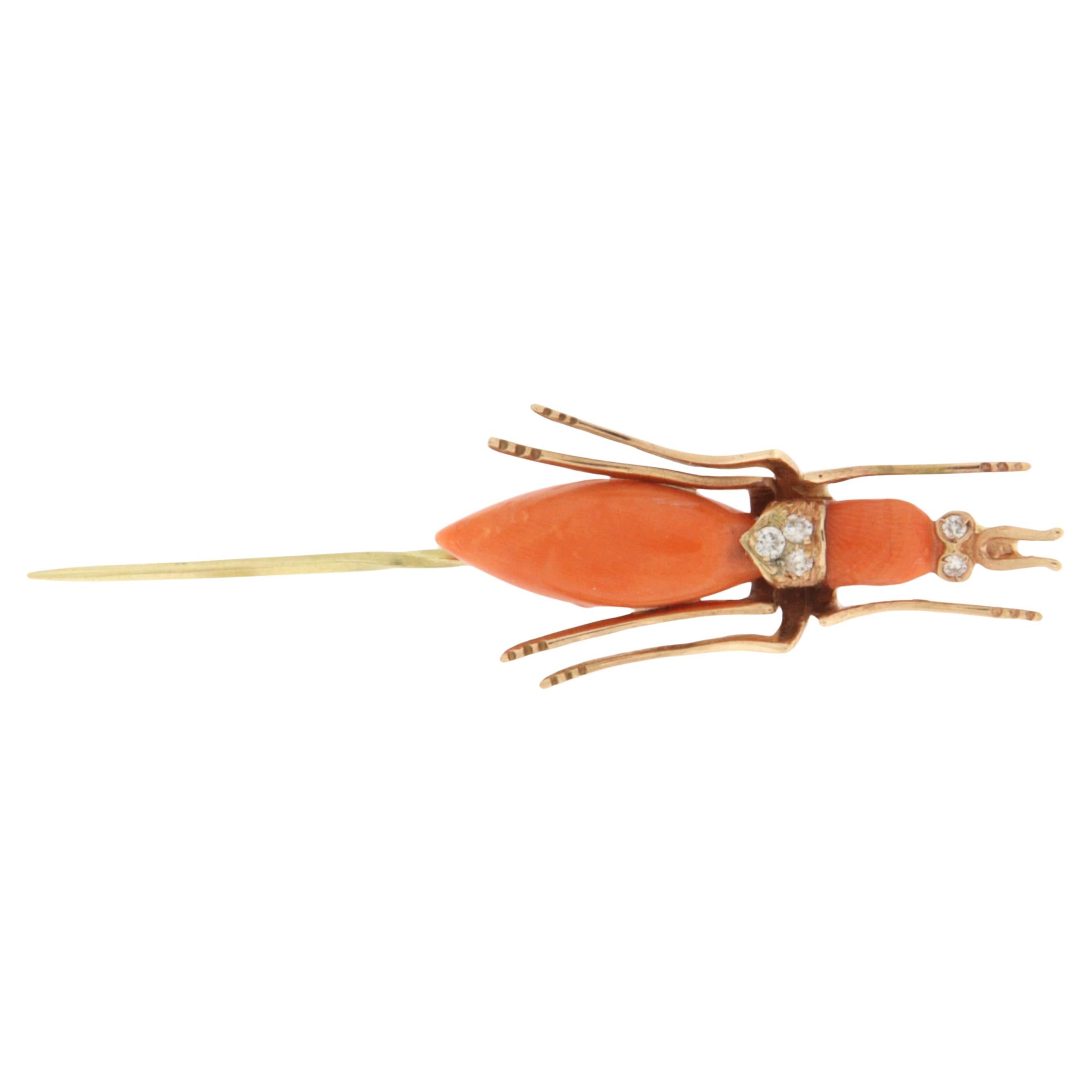 Diamonds Coral 14 Karat Yellow Gold Insect Brooch