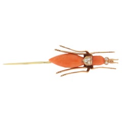 Diamonds Coral 14 Karat Yellow Gold Insect Brooch