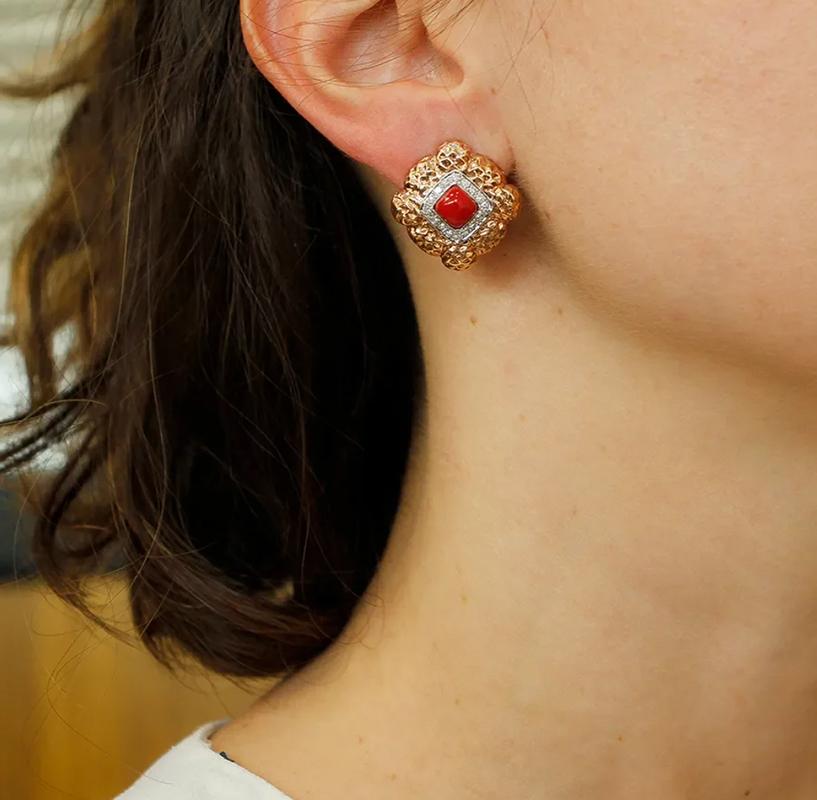 Retro Diamonds, Coral, 14 Karat White and Rose Gold Clip-On Retrò Earrings For Sale