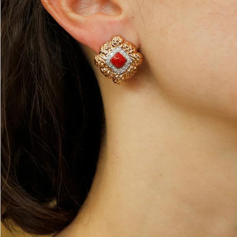 Round Cut Diamonds, Coral, 14 Karat White and Rose Gold Clip-On Retrò Earrings For Sale