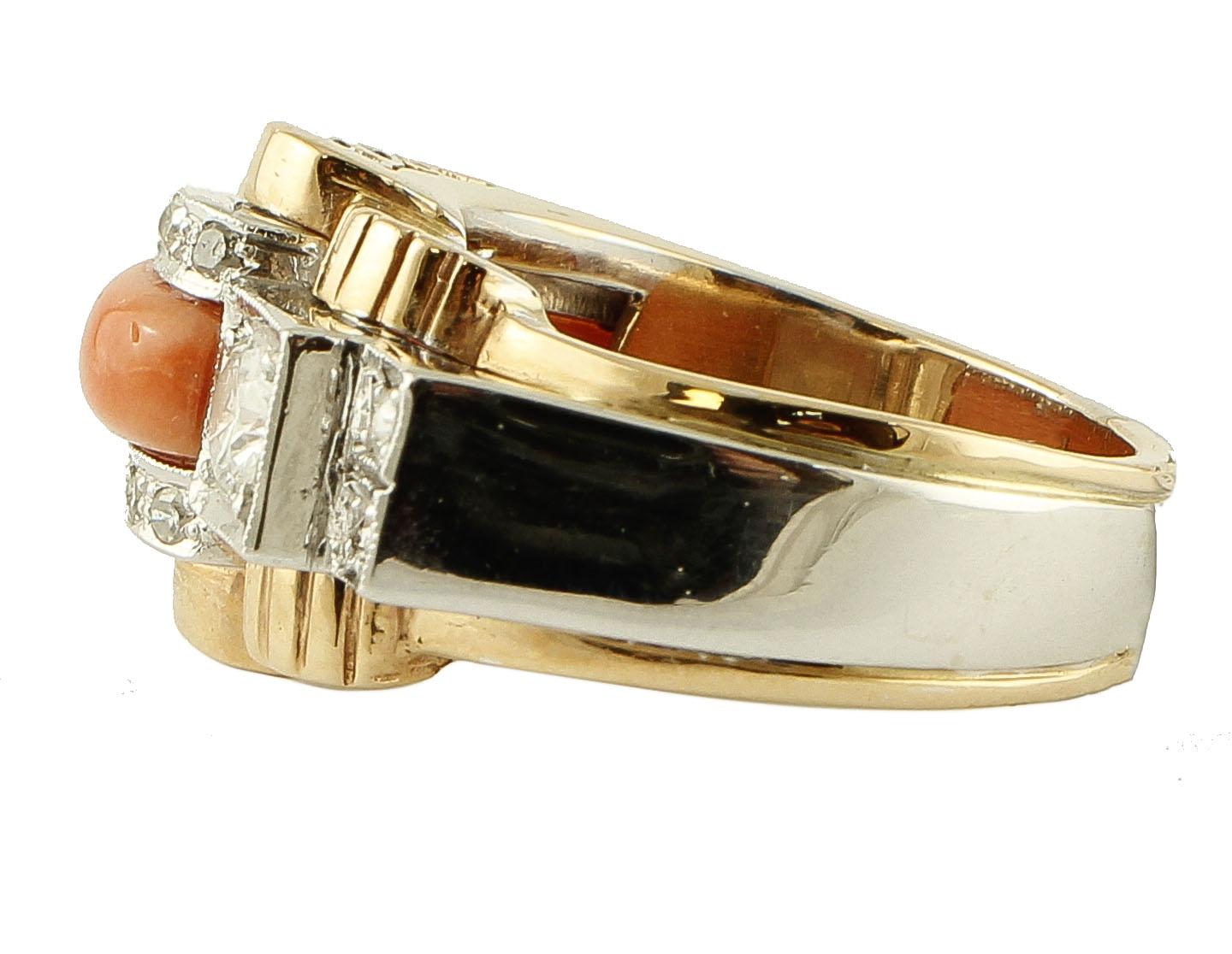 Retro Diamonds, Orange Coral, 14 Karat White and Yellow Gold Retrò Ring