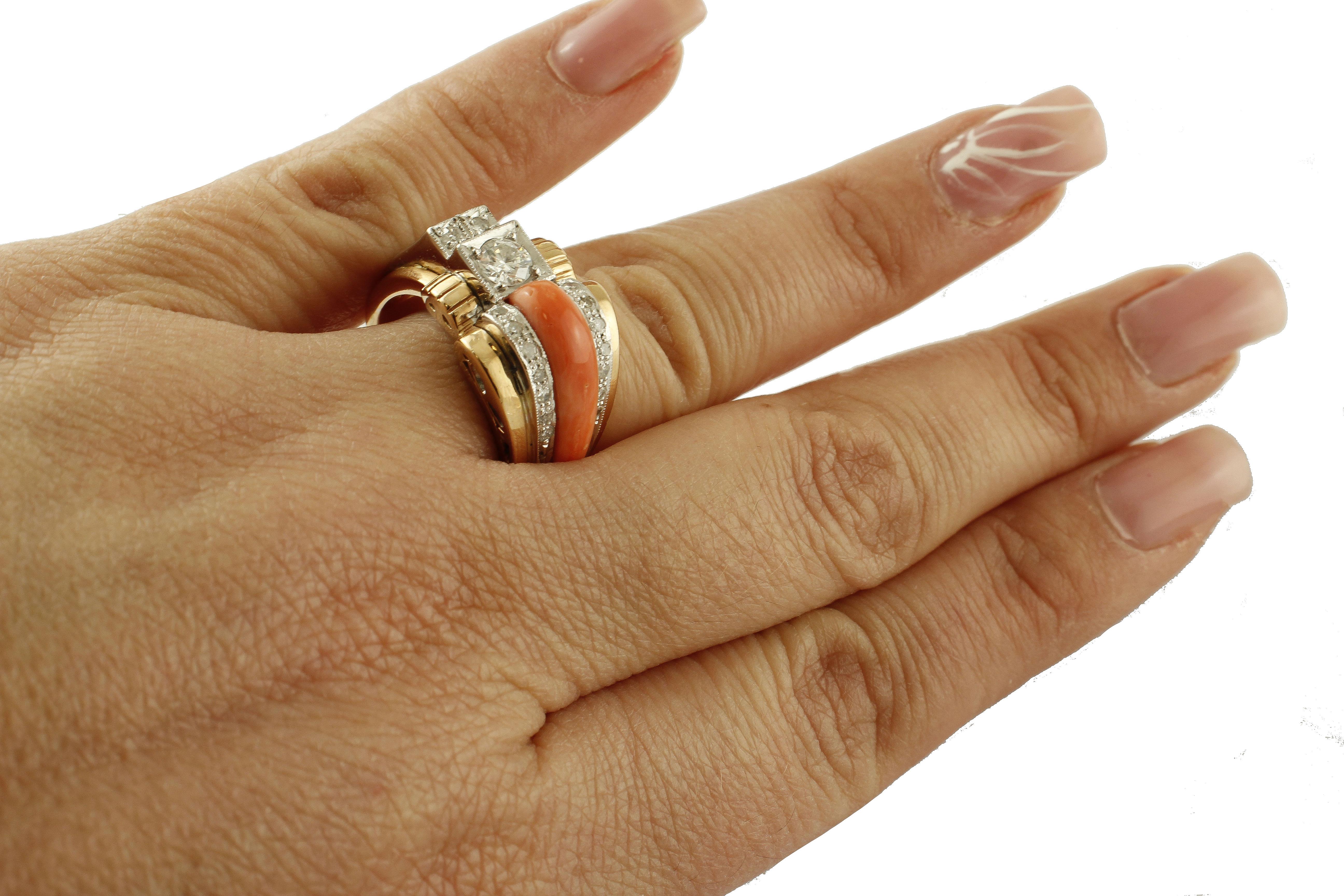 Diamonds, Orange Coral, 14 Karat White and Yellow Gold Retrò Ring 1