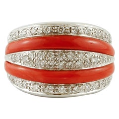 Diamonds, Coral, 18 Karat White Gold Band Ring