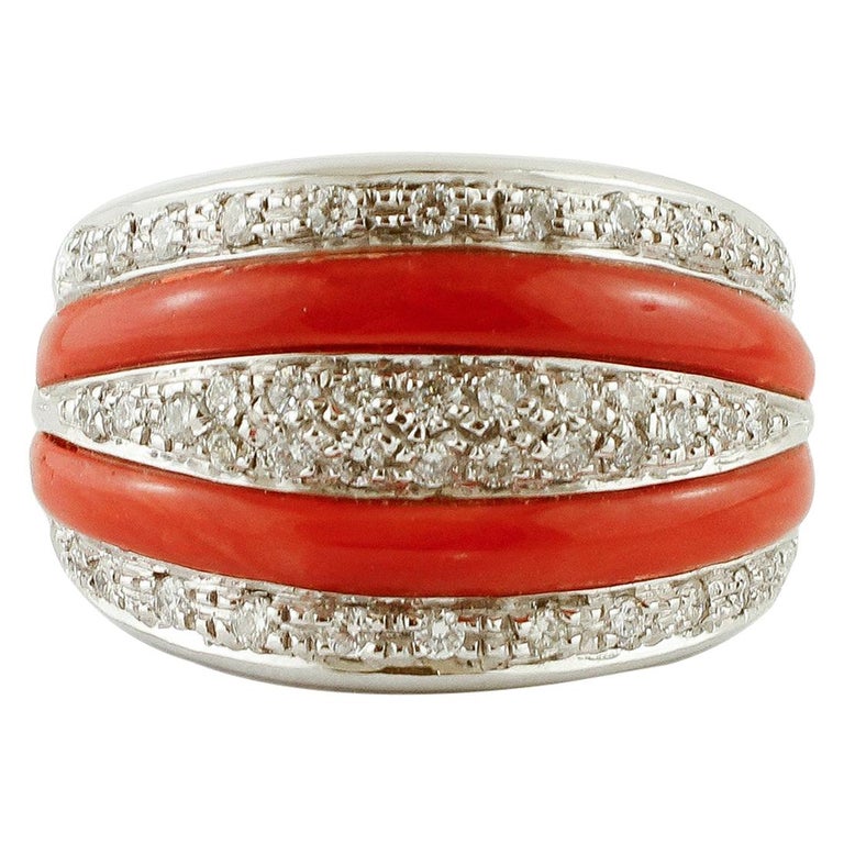 Diamonds, Coral, 18 Karat White Gold Band Ring For Sale