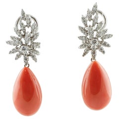 Diamonds, Red Coral Drops, 18 Karat White Gold Drop Earrings