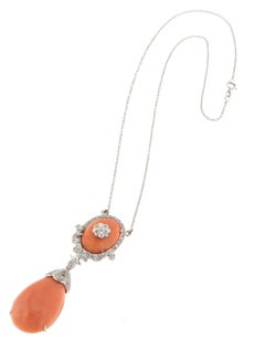 Elegant 18kt White Gold Coral and Diamond Pendant Necklace, 0.56ct