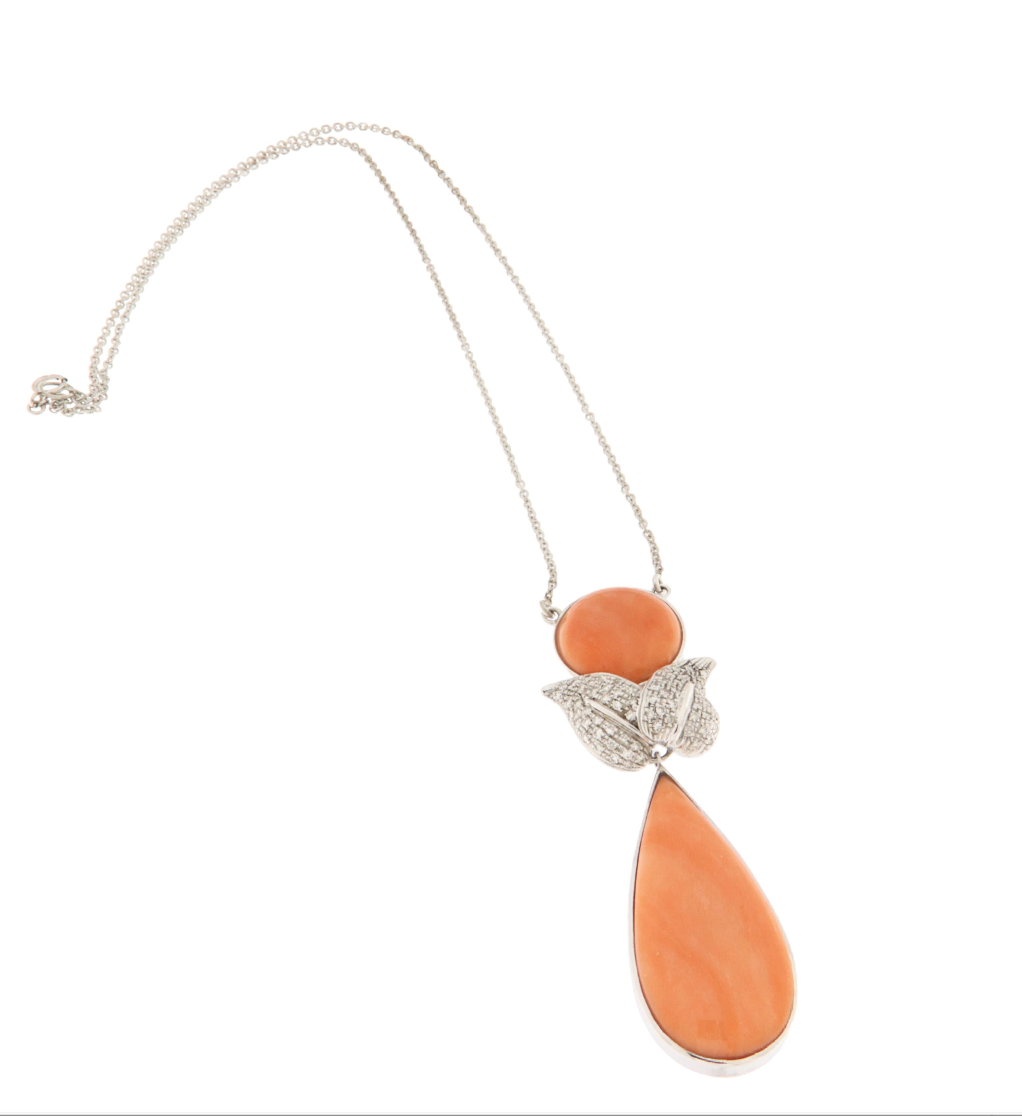 Artisan Diamonds Coral 18 Karat White Gold Pendant Necklace For Sale