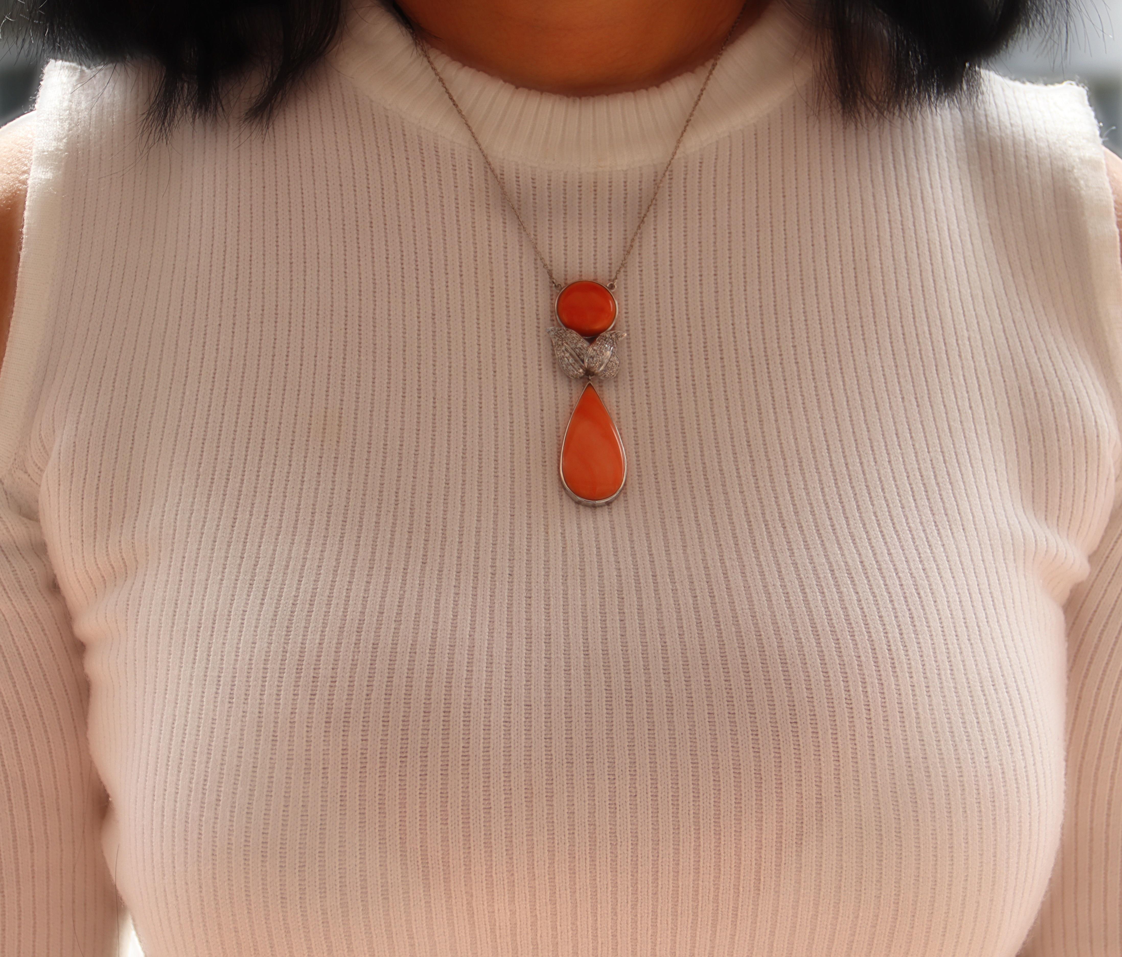 Women's Diamonds Coral 18 Karat White Gold Pendant Necklace For Sale