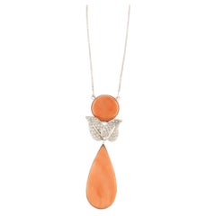 Collier pendentif en or blanc 18 carats, diamants et corail