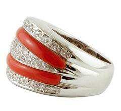 Diamonds, Coral, 18 Karat White Gold Band Ring