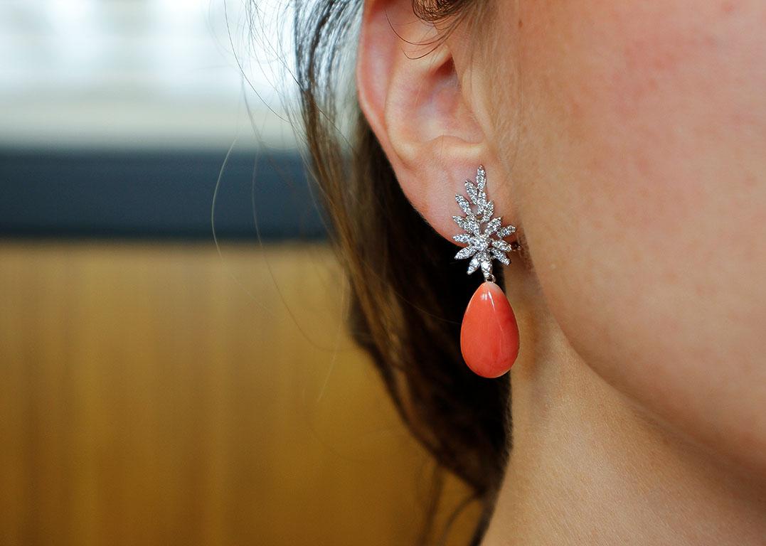Women's Diamonds, Red Coral Drops, 18 Karat White Gold Drop Earrings