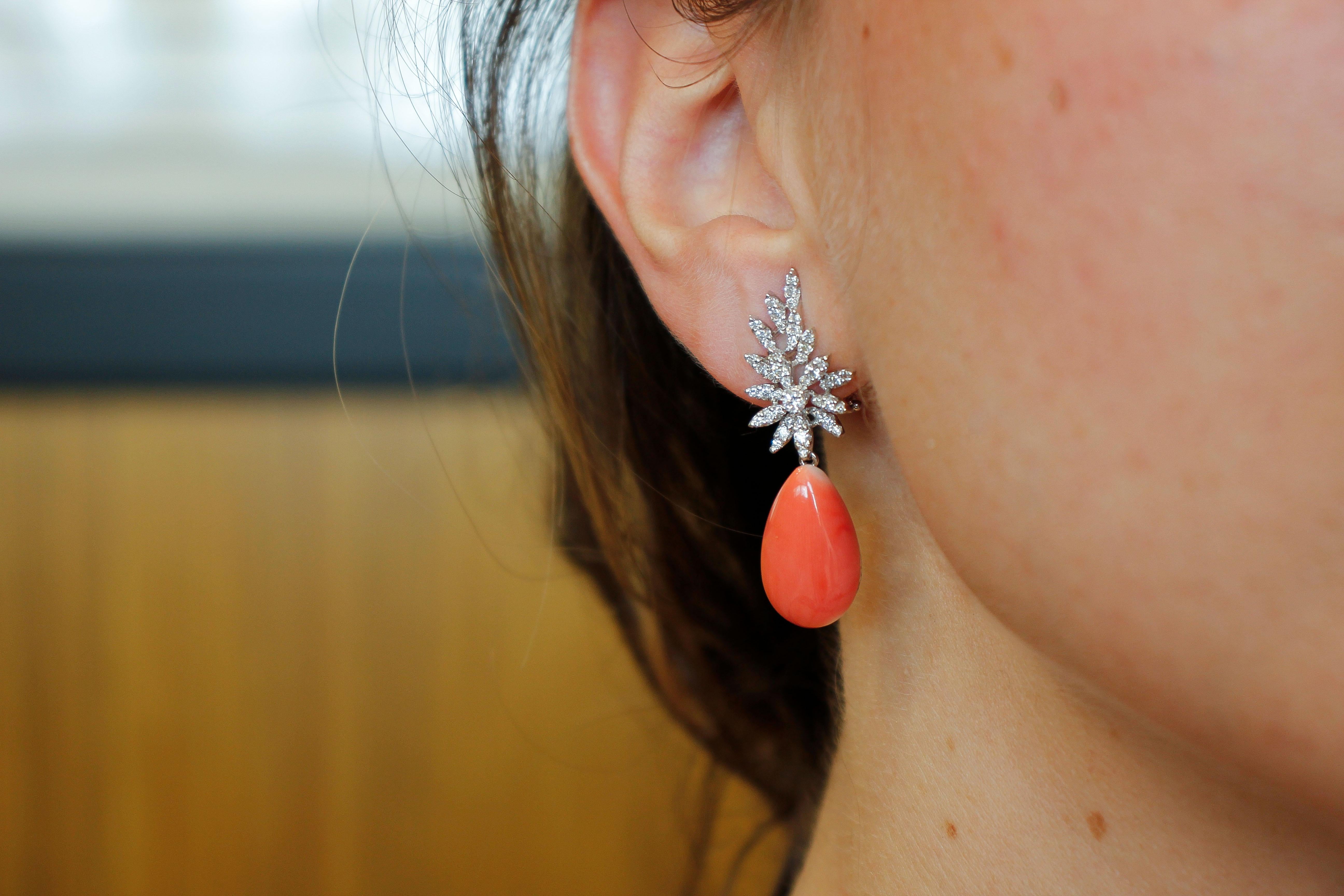 Diamonds, Red Coral Drops, 18 Karat White Gold Drop Earrings 1