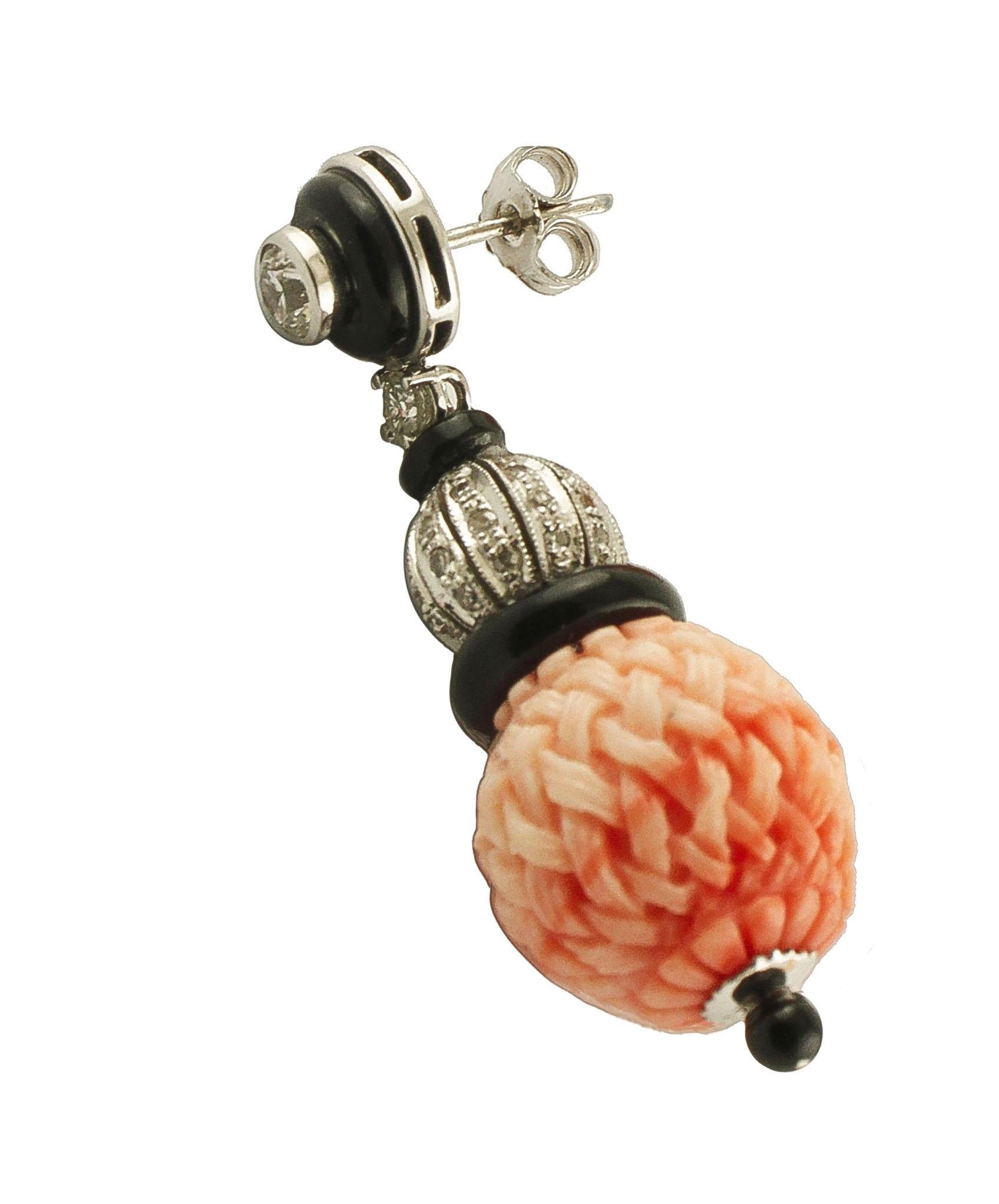 Brilliant Cut Engraved Red Coral Spheres, Diamonds, Black Agate, White Gold Dangle Earrings