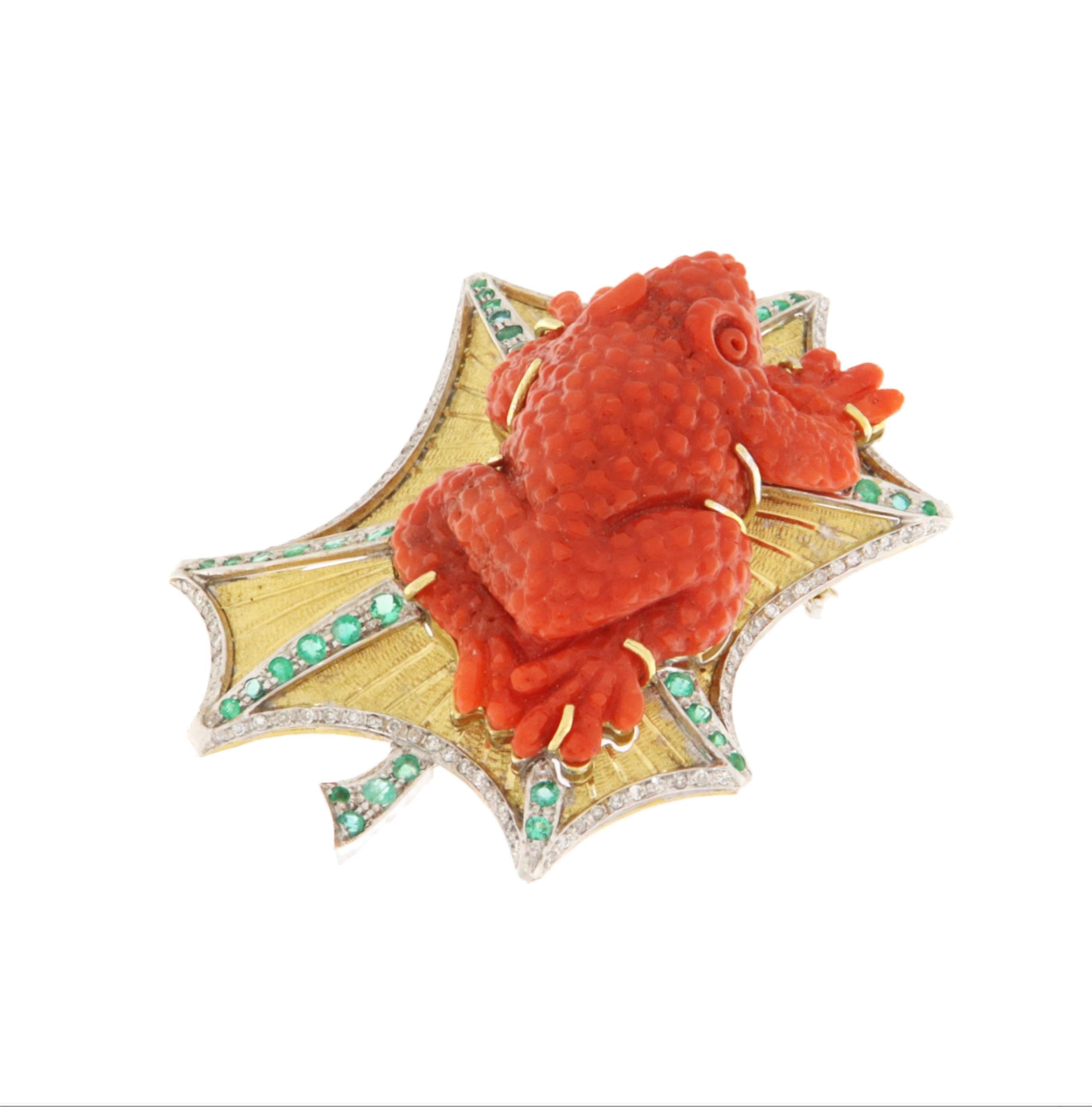 Artisan Diamonds Coral Emeralds 18 Karat Gold Frog Brooch For Sale