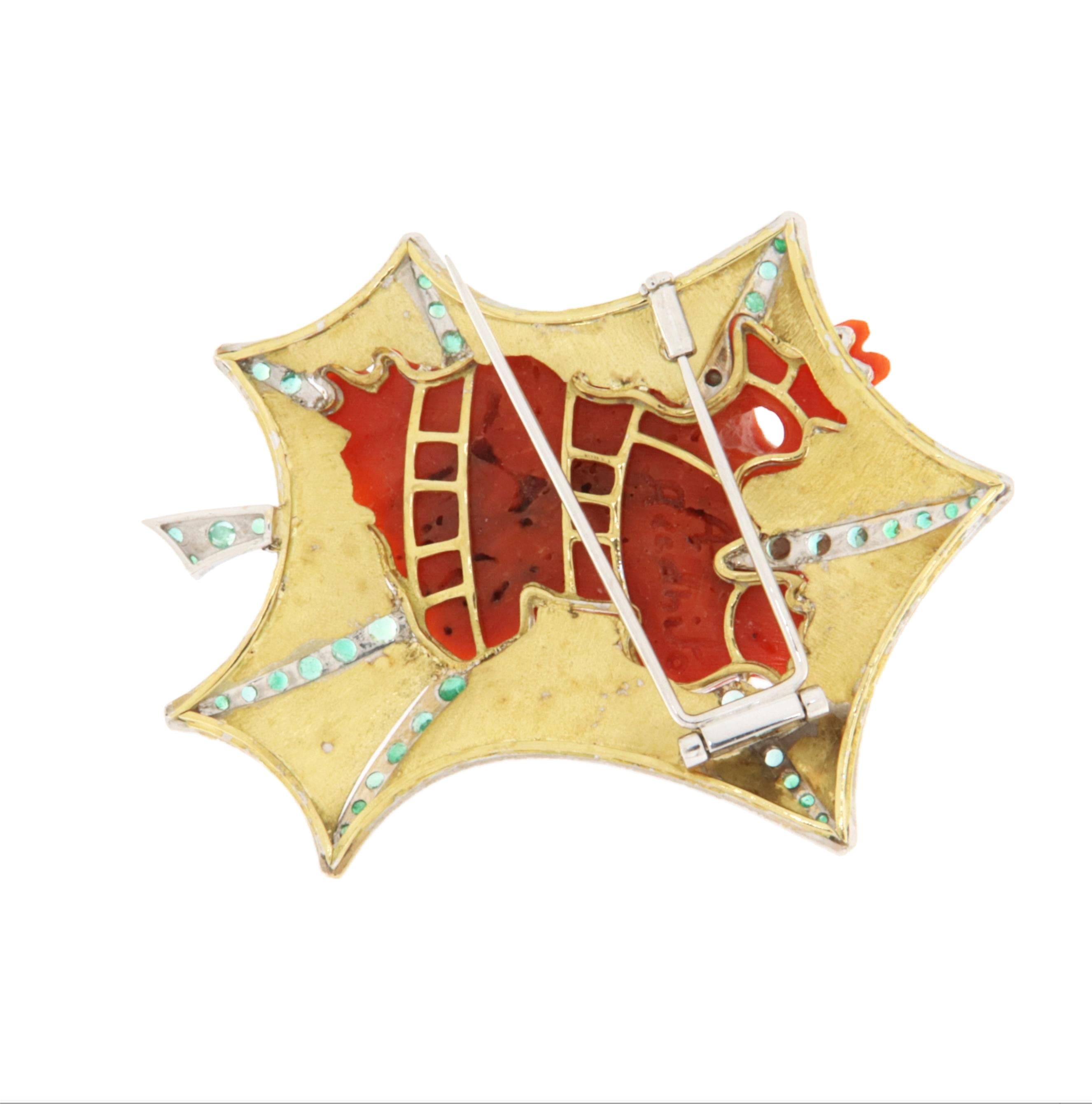 Brilliant Cut Diamonds Coral Emeralds 18 Karat Gold Frog Brooch For Sale
