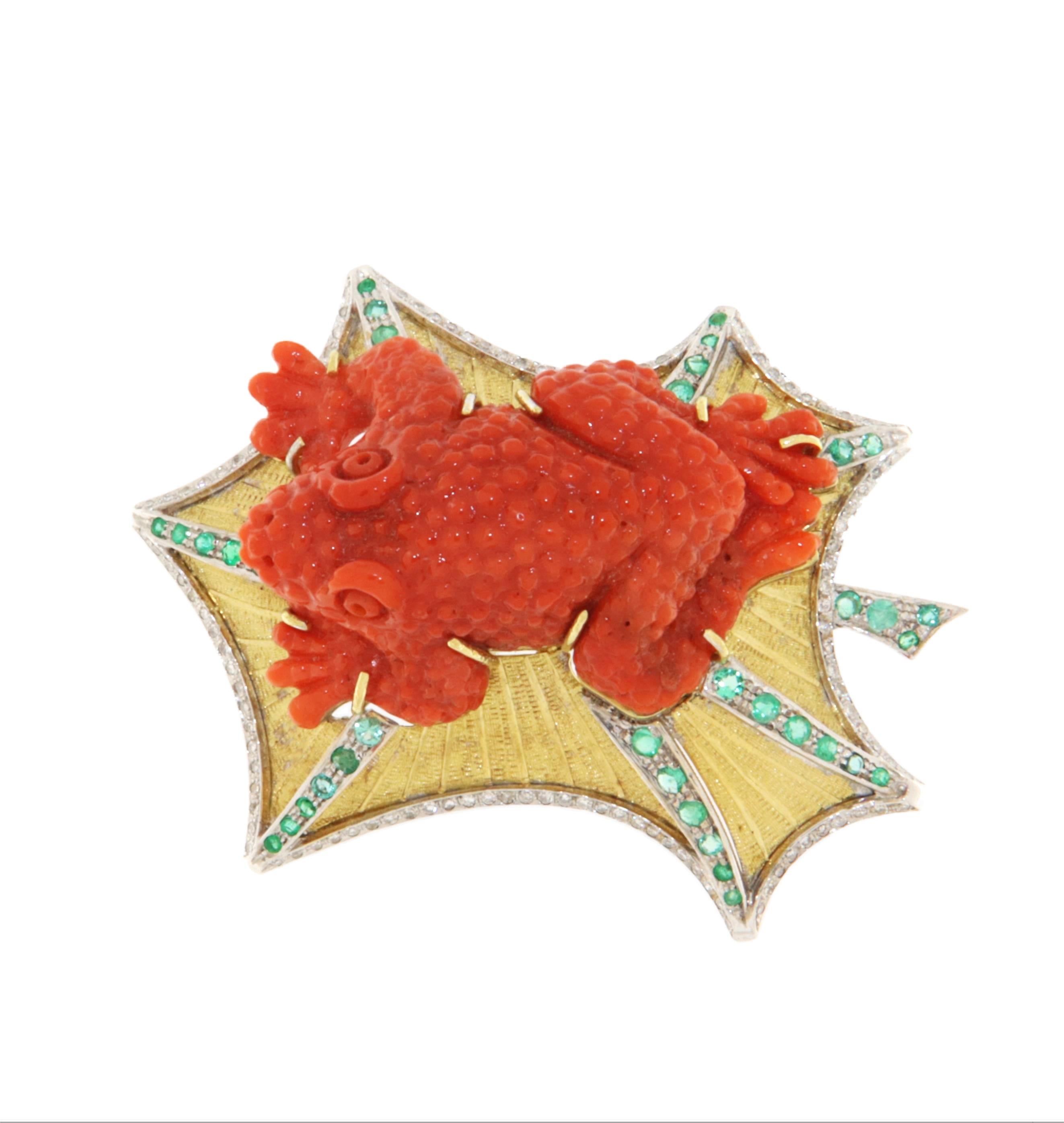 Women's Diamonds Coral Emeralds 18 Karat Gold Frog Brooch For Sale