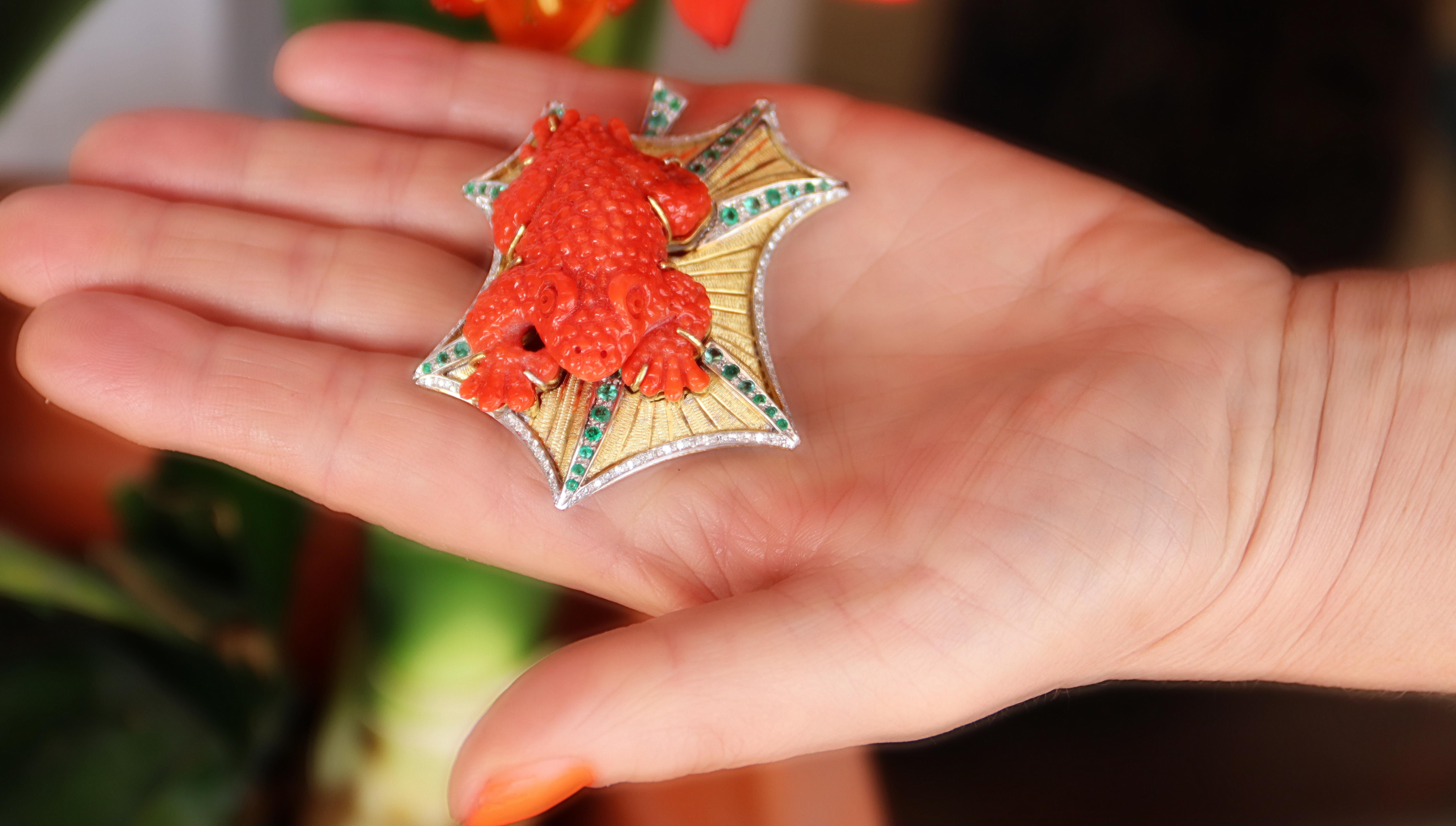 Diamonds Coral Emeralds 18 Karat Gold Frog Brooch For Sale 2