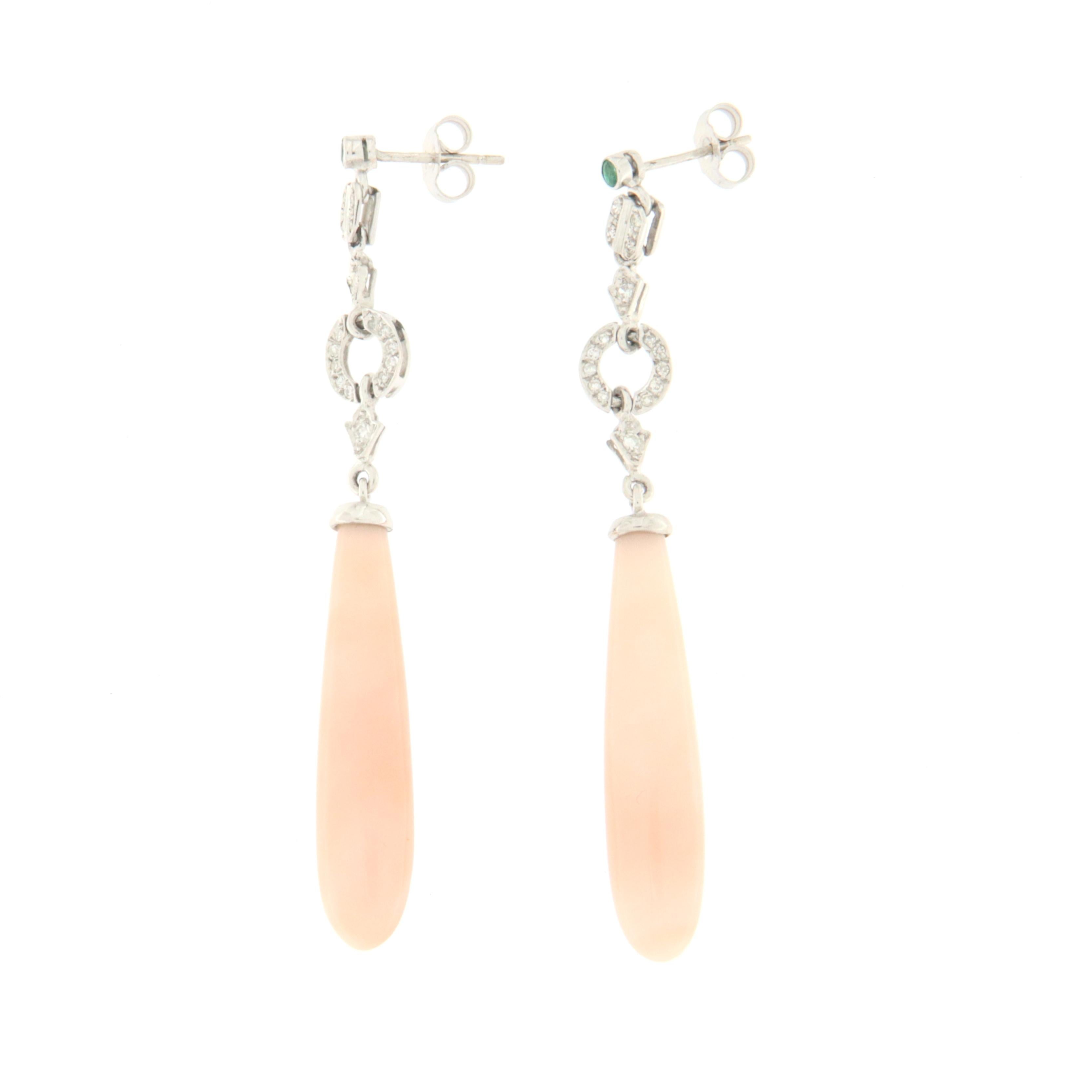 Contemporary Diamonds Coral Emeralds White Gold 18 Karat Drop Earrings For Sale