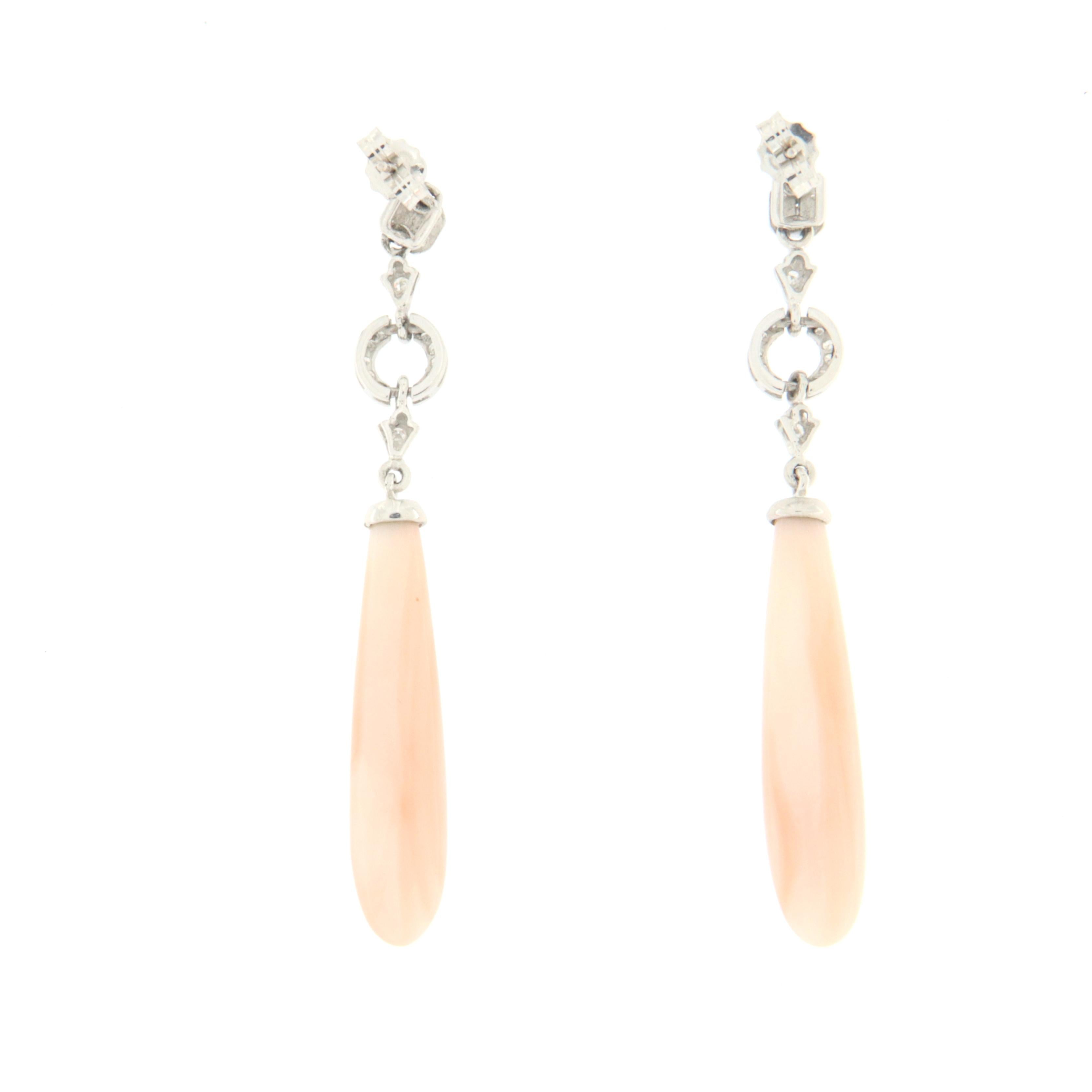 Brilliant Cut Diamonds Coral Emeralds White Gold 18 Karat Drop Earrings For Sale