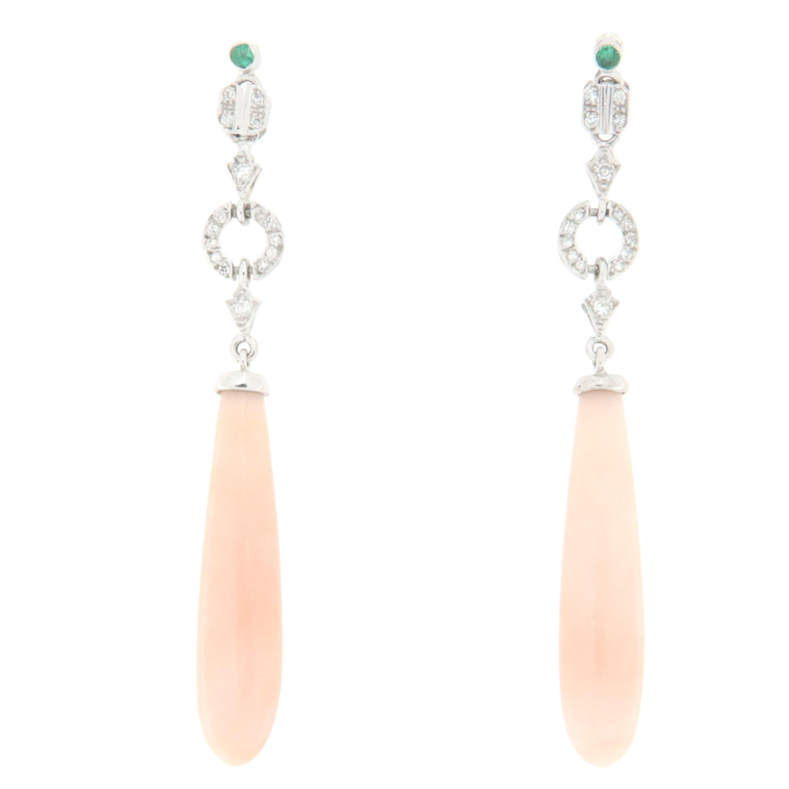 Diamonds Coral Emeralds White Gold 18 Karat Drop Earrings In New Condition For Sale In Marcianise, IT
