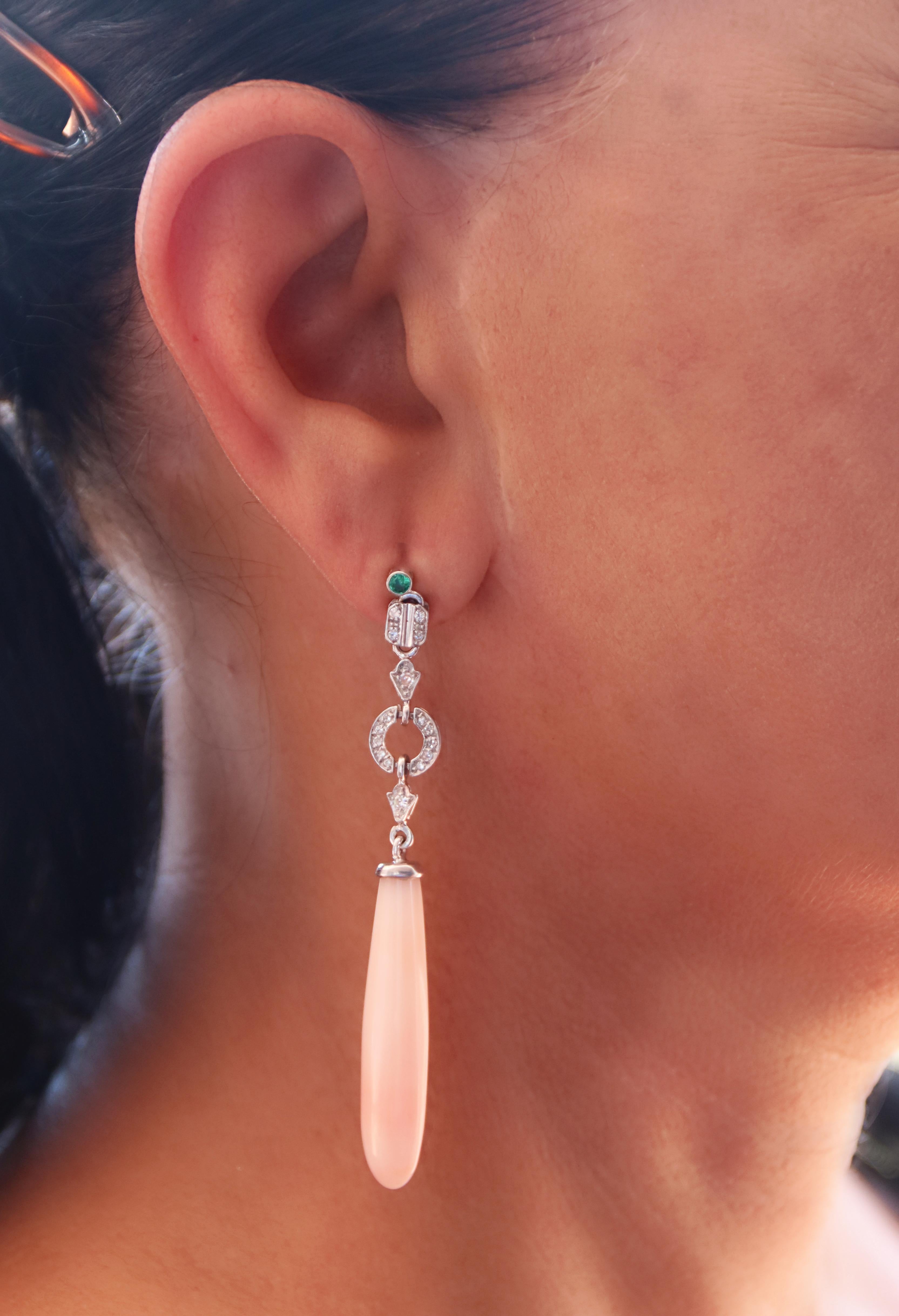 Diamonds Coral Emeralds White Gold 18 Karat Drop Earrings For Sale 2