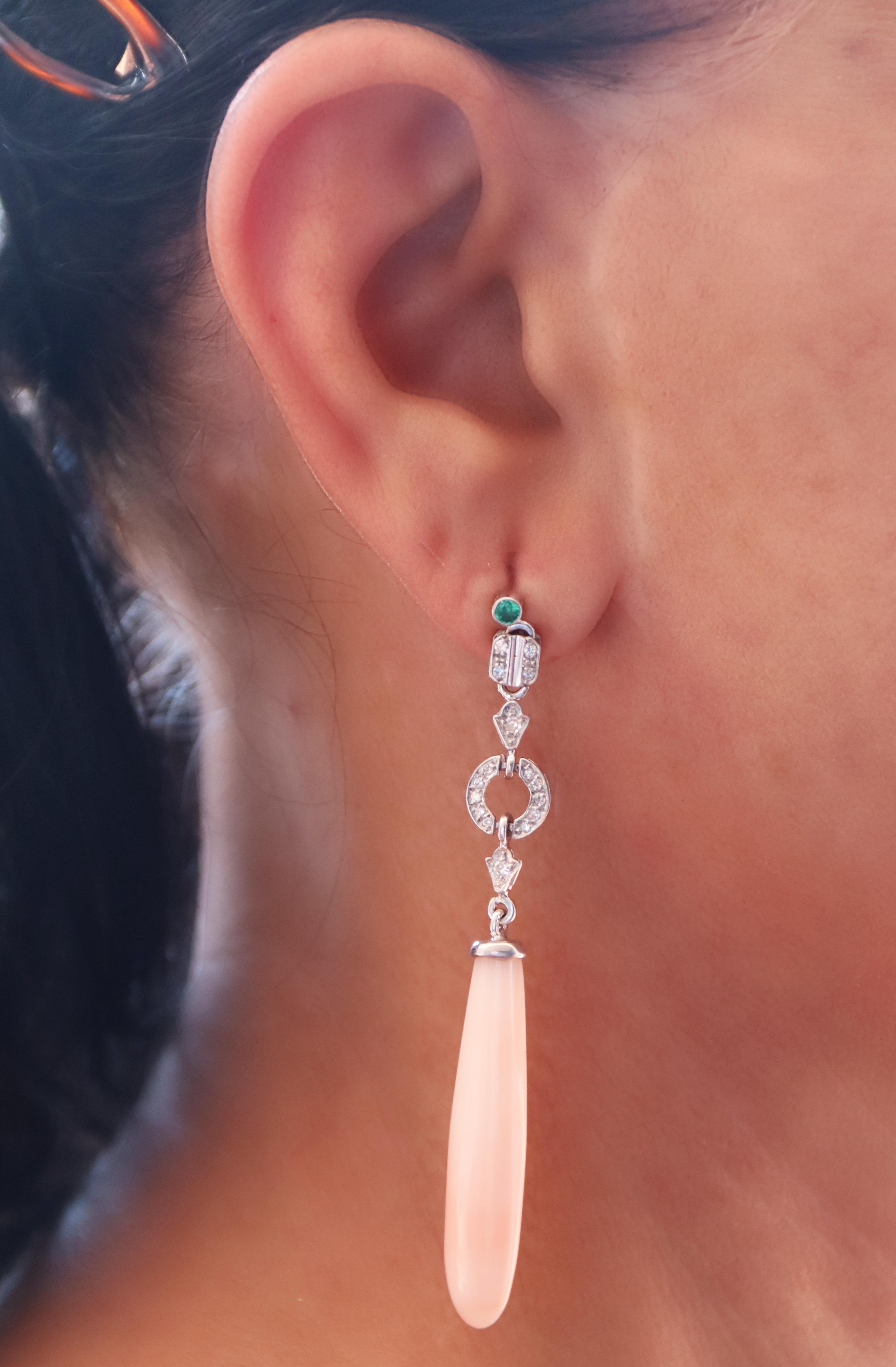 Diamonds Coral Emeralds White Gold 18 Karat Drop Earrings For Sale 3