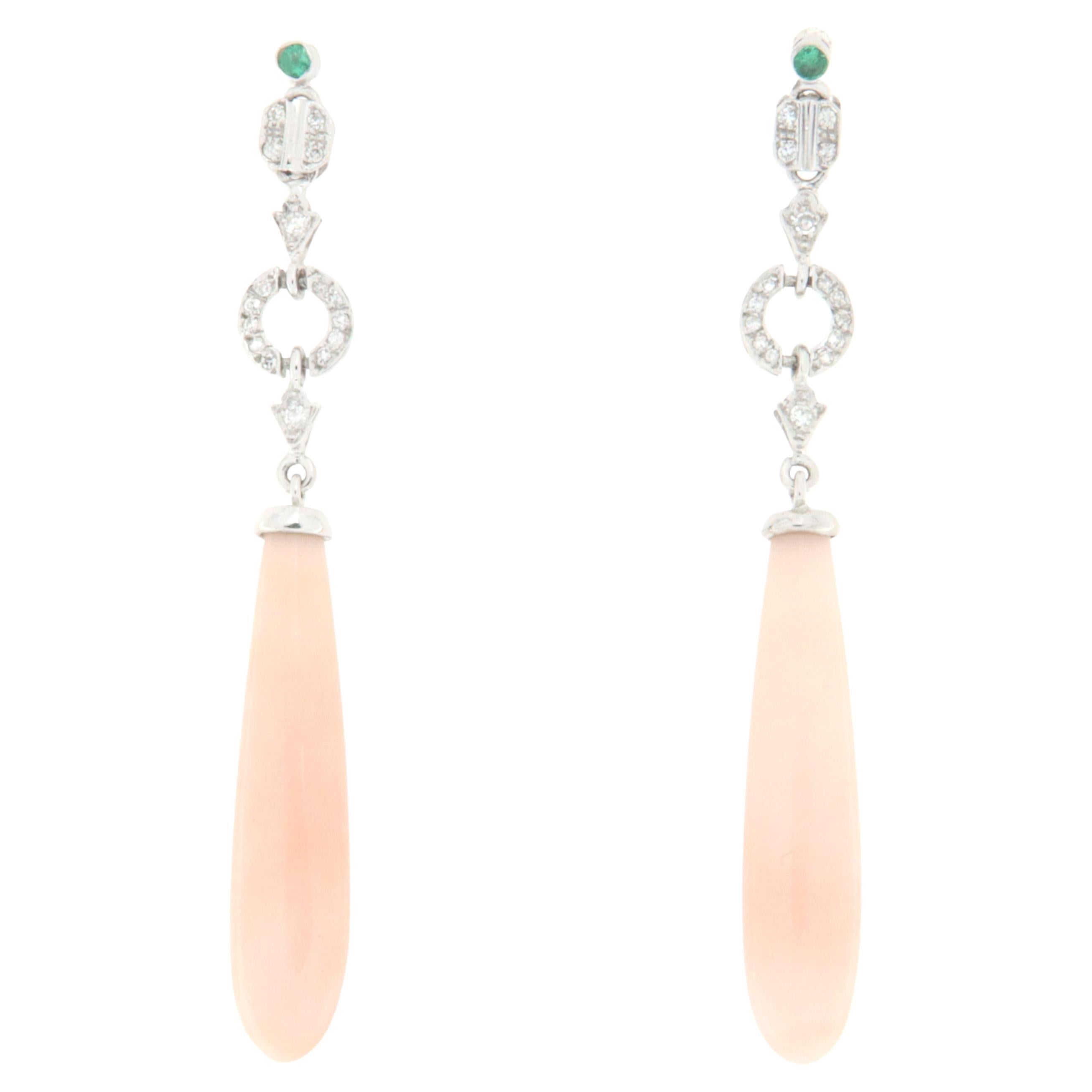 Diamonds Coral Emeralds White Gold 18 Karat Drop Earrings For Sale