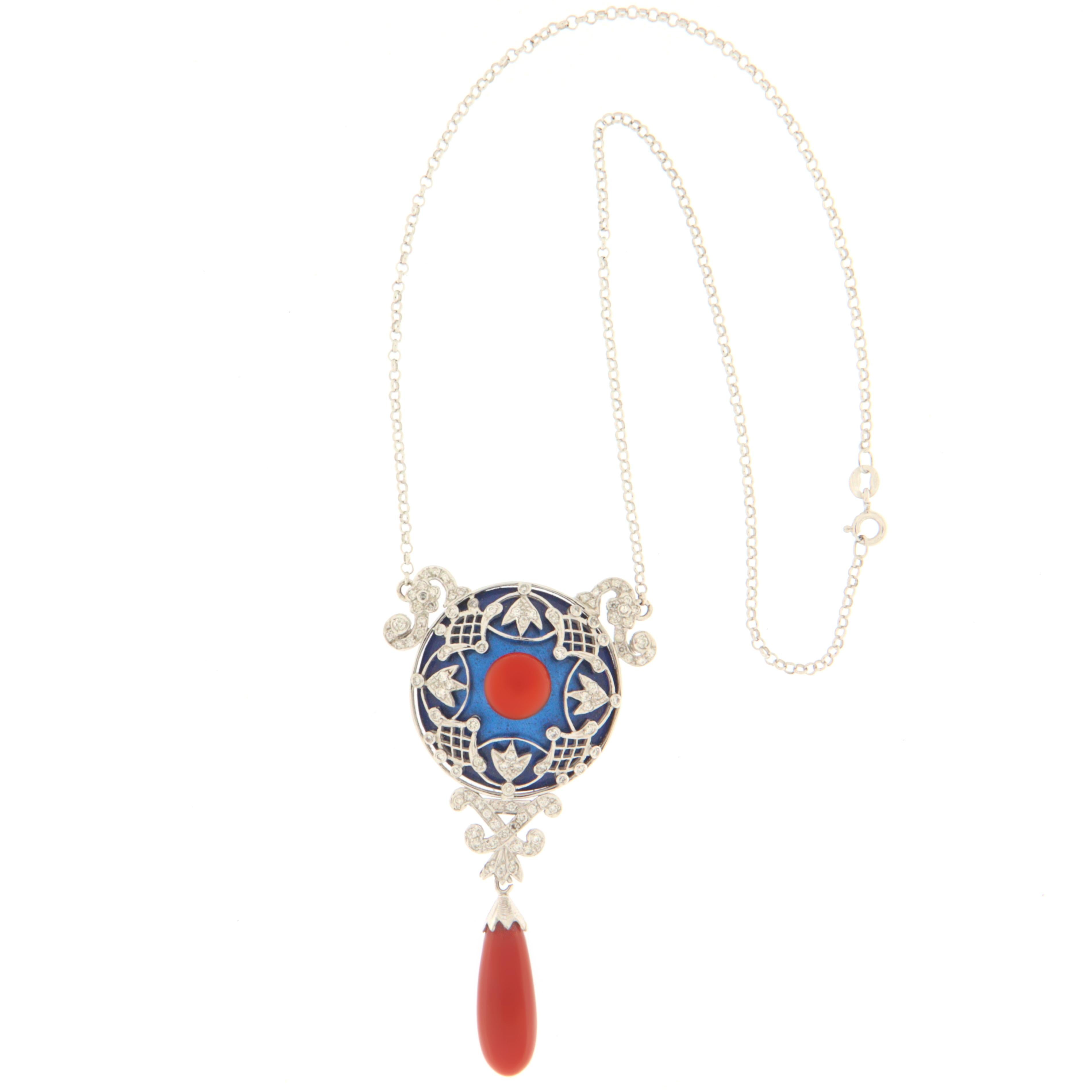 Women's Diamonds Coral Enamel White Gold 18 Karat Drop Necklace  For Sale