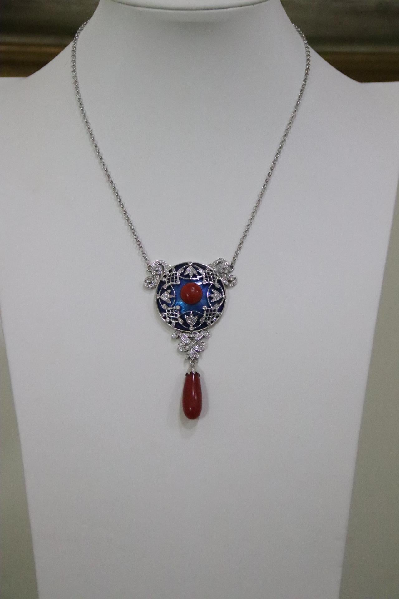 Diamonds Coral Enamel White Gold 18 Karat Drop Necklace  For Sale 1