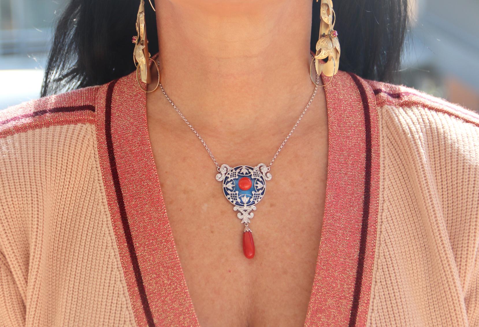 Diamonds Coral Enamel White Gold 18 Karat Drop Necklace  For Sale 2