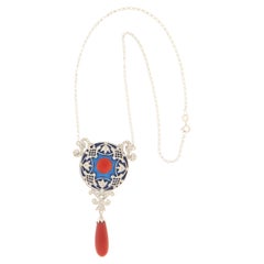 Retro Diamonds Coral Enamel White Gold 18 Karat Drop Necklace 