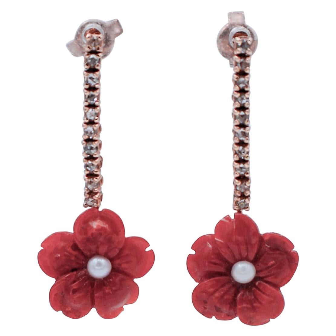 Diamonds, Coral Flower, Pearls, 9 Karat Rose Gold Dangle Earrings