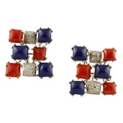 Retro Diamonds, Red Coral, Lapis Lazuli, 14 Karat White Gold Earrings