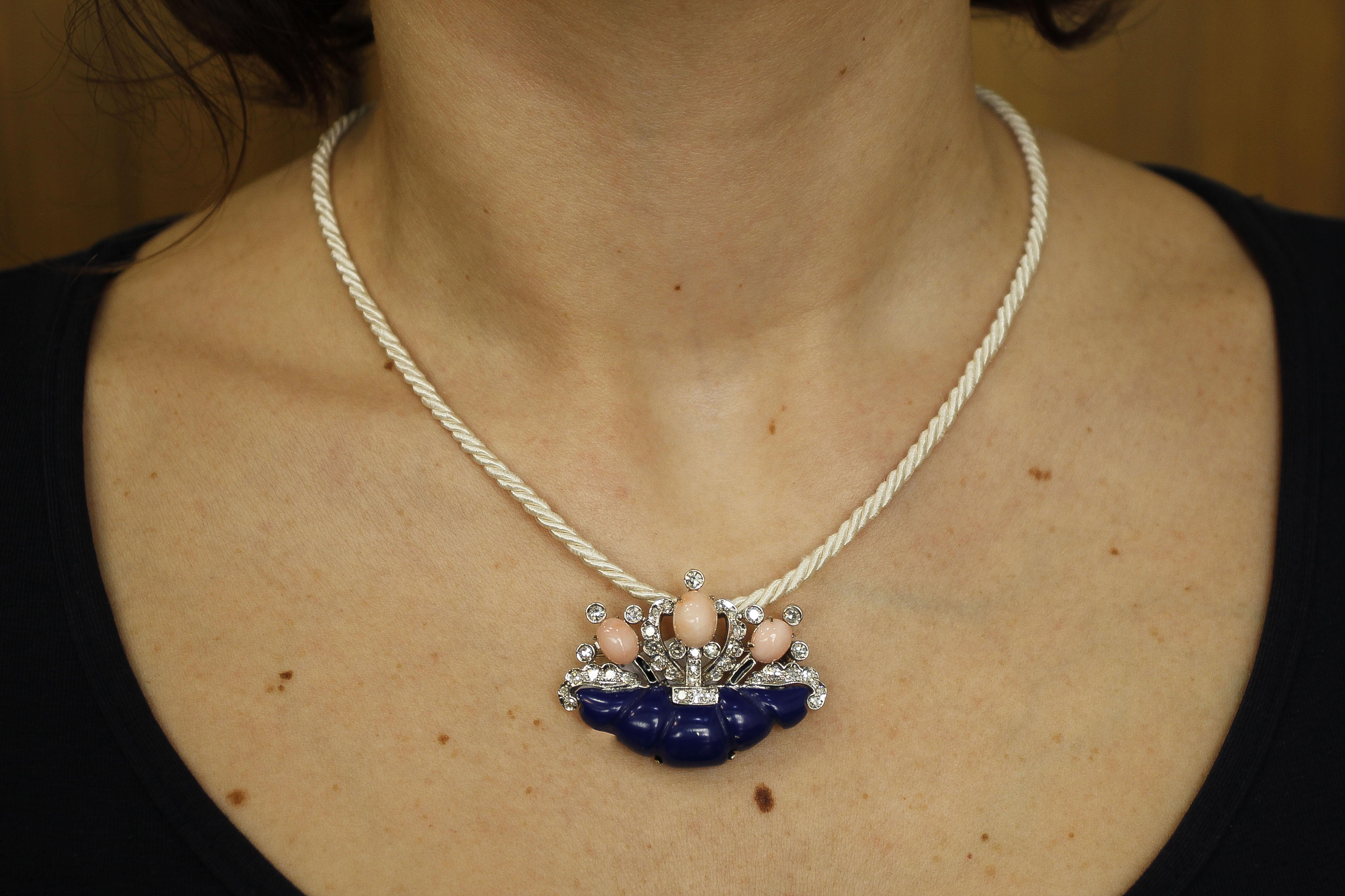 Diamonds, Oval Shape Pink Corals, Lapis Lazuli, 14 Karat White Gold Brooch 3