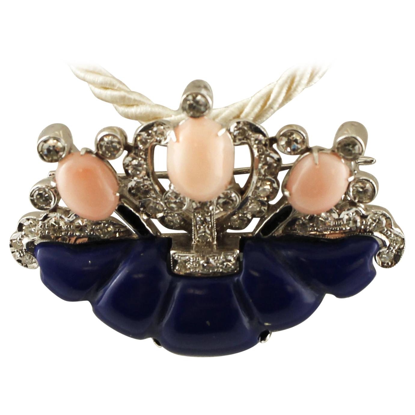 Diamonds, Oval Shape Pink Corals, Lapis Lazuli, 14 Karat White Gold Brooch