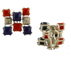 Diamonds, Red Coral, Lapis Lazuli, 14 Karat White Gold Earrings