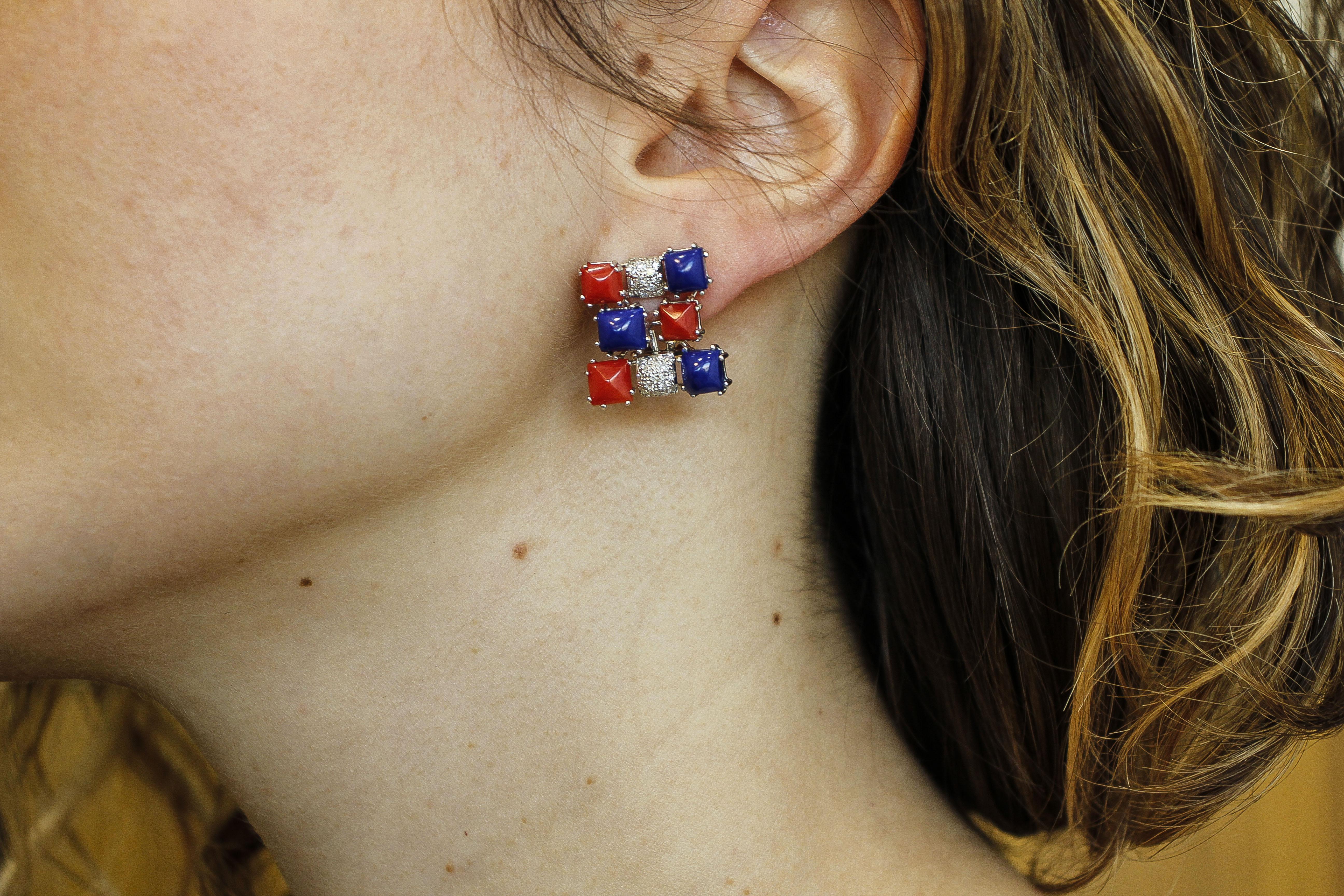 Retro Diamonds, Red Coral, Lapis Lazuli, 14 Karat White Gold Earrings For Sale