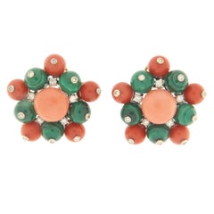 Diamonds Coral Malachite 18 Karat Yellow Gold Diamonds Coral Clip-On Earrings