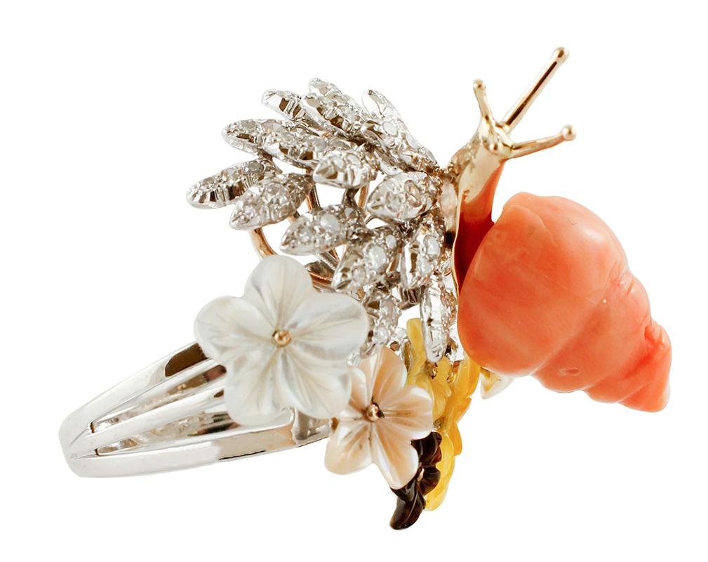 Retro Diamonds, Coral, Mother of Pearl, White and Yellow Gold Snail Ring
