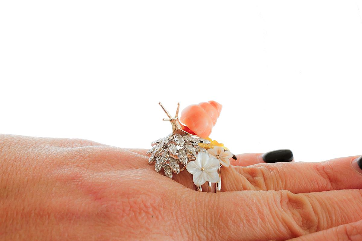 Women's Diamonds, Coral, Mother of Pearl, White and Yellow Gold Snail Ring