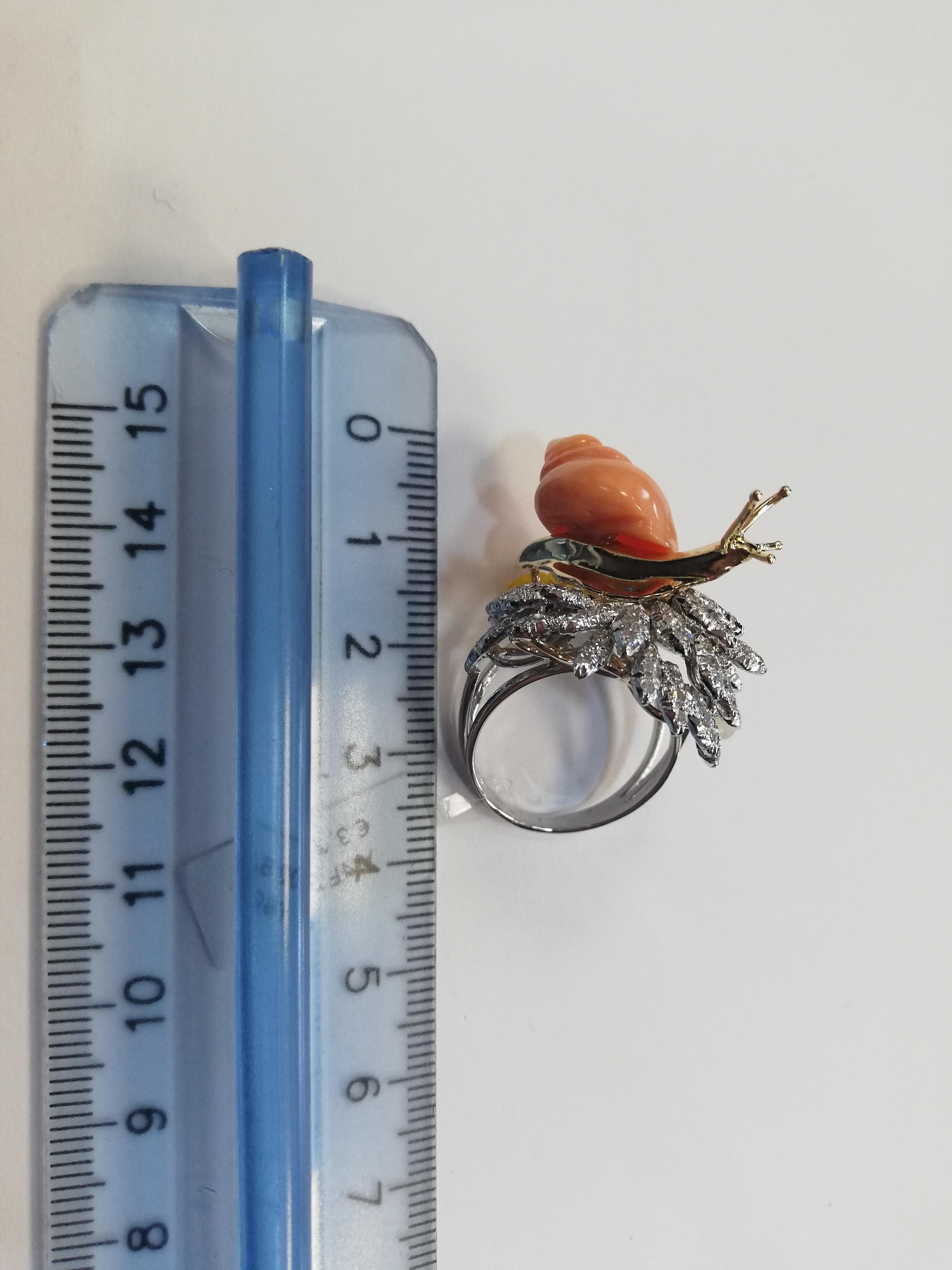Diamonds, Coral, Mother of Pearl, White and Yellow Gold Snail Ring 3