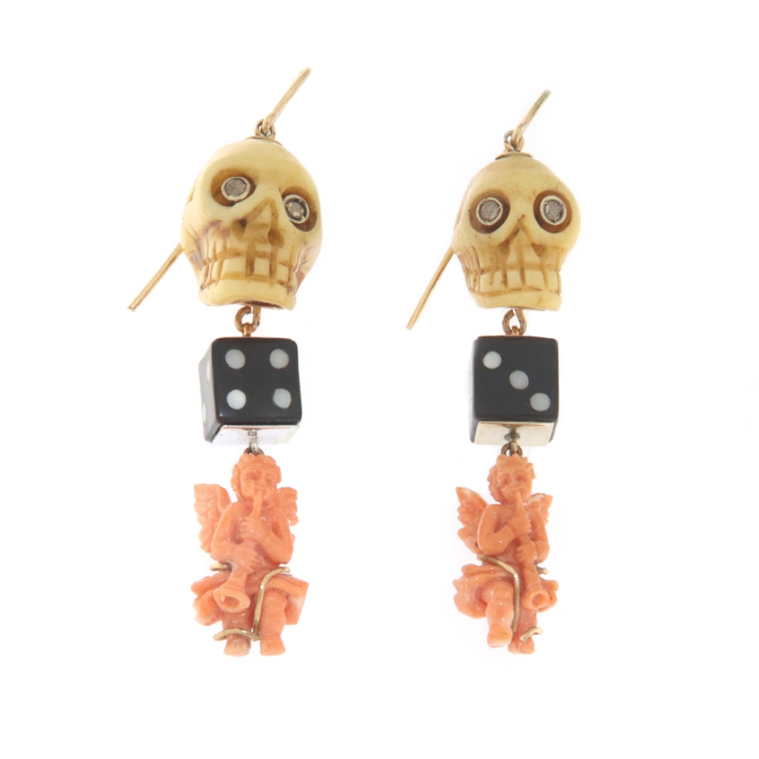 Rose Cut Diamonds Coral Onyx 14 Karat Yellow Gold Skull Drop Earrings For Sale