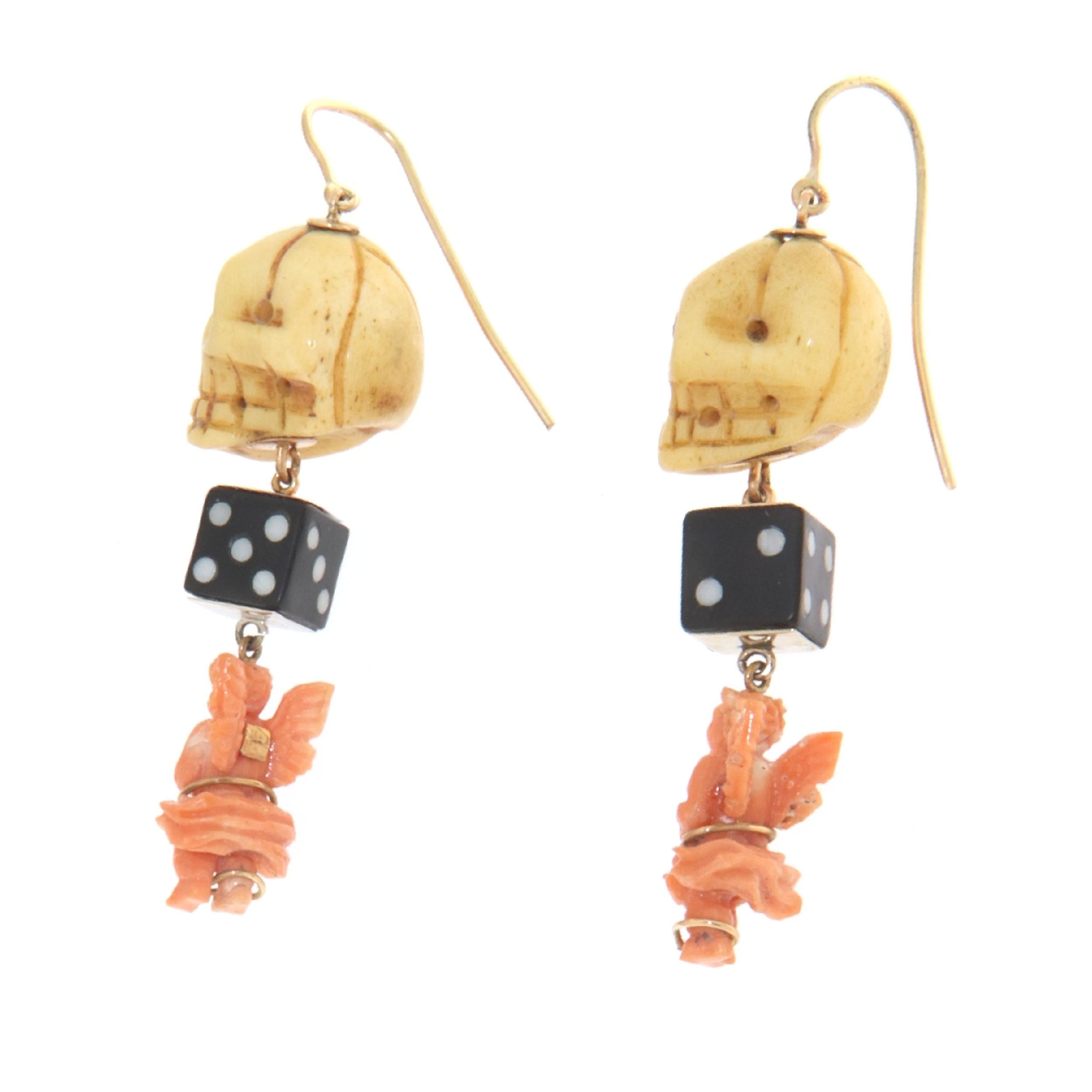 Diamonds Coral Onyx 14 Karat Yellow Gold Skull Drop Earrings For Sale 1