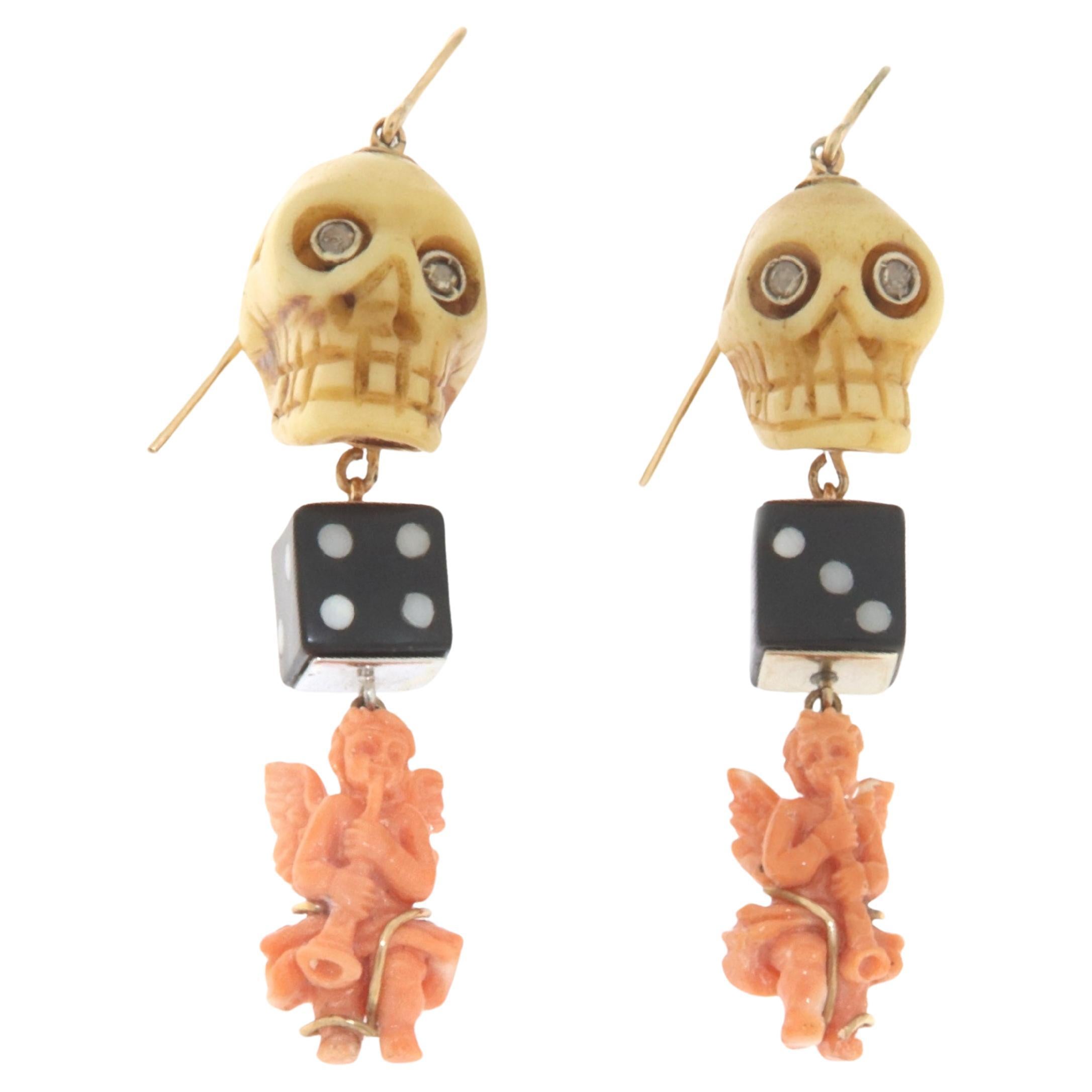 Diamonds Coral Onyx 14 Karat Yellow Gold Skull Drop Earrings For Sale