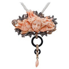 Diamonds, Coral, Onyx, 14Kt Rose Gold and Silver Brooch/Pendant Necklace