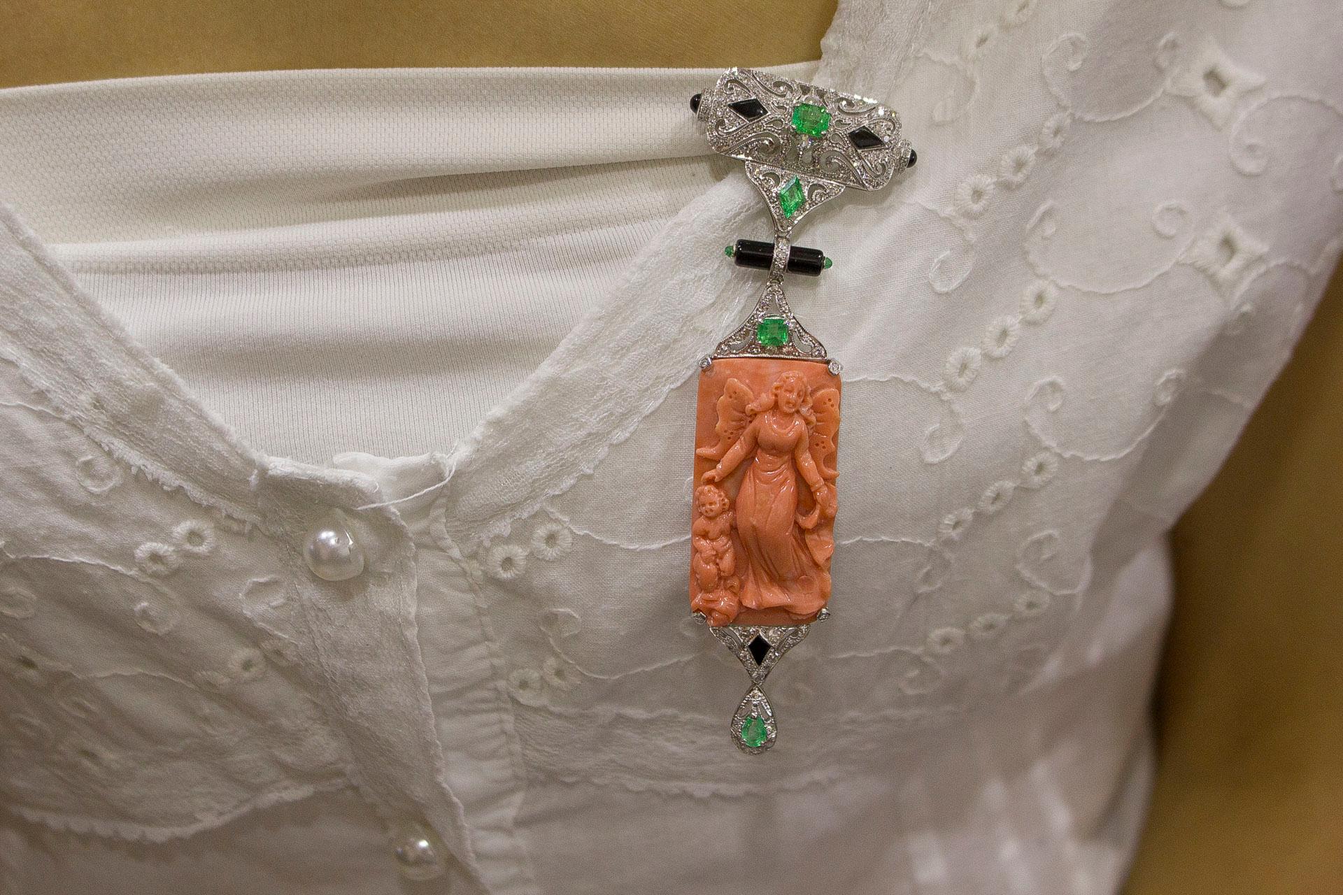 Women's Diamonds, Engraved Body on Orange Coral, Onyx, Emeralds, Platinum Pendant / Brooch