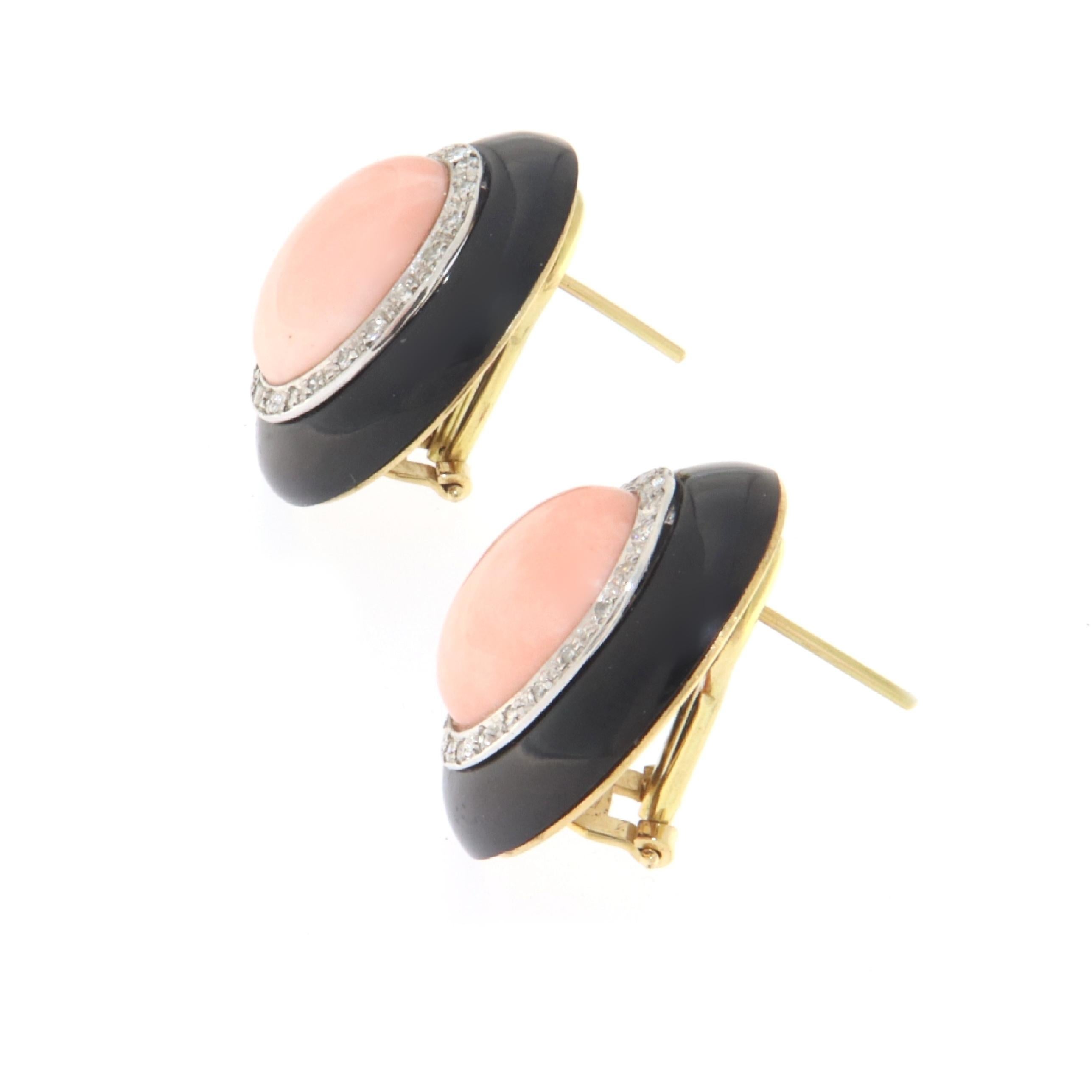 Diamonds Coral Onyx White And Yellow Gold 18 Karat Stud Earrings In New Condition For Sale In Marcianise, IT